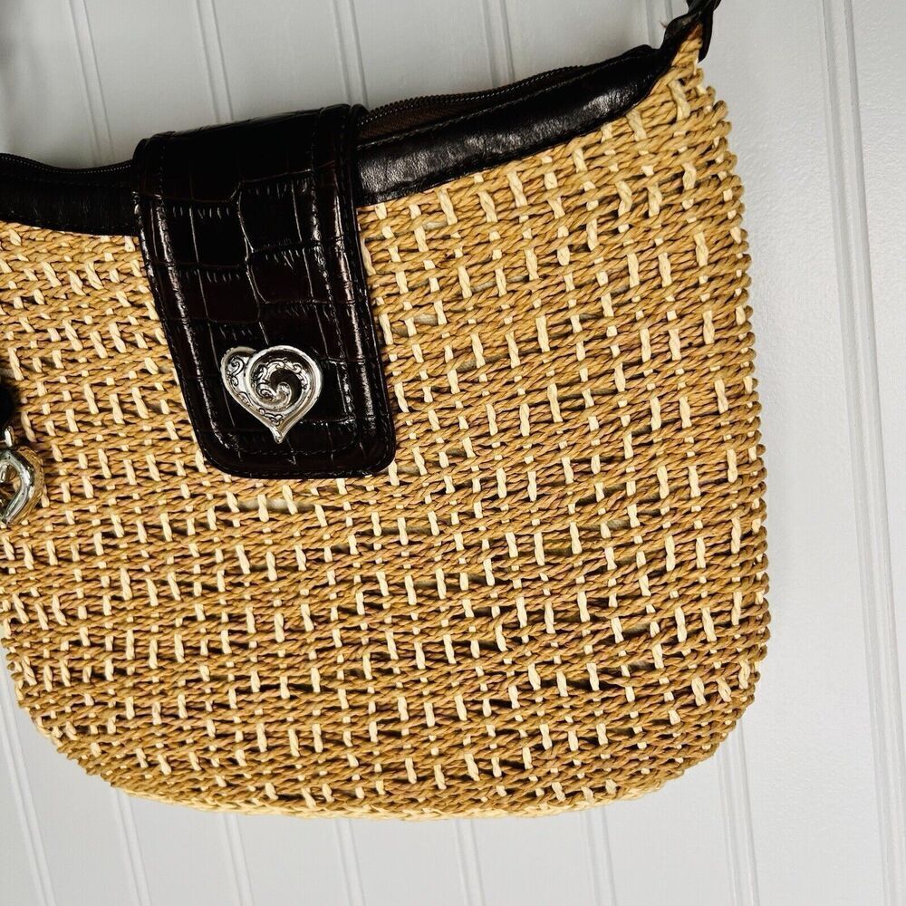 Brighton Jute Raffia Woven Shoulder Bag Brown Leather Woven Handles Heart Charm - Picture 4 of 10